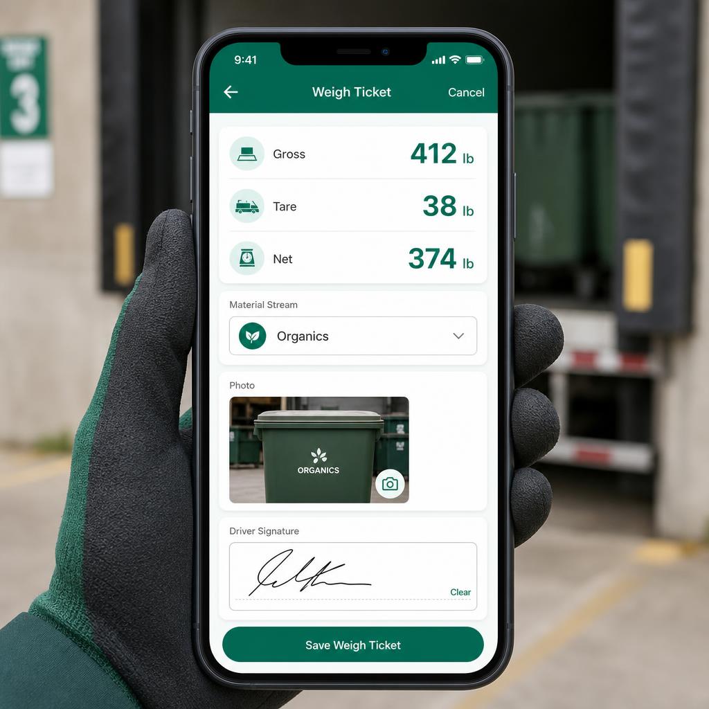 Tonlio weigh ticket screen on a phone showing gross 412 lb, tare 38 lb, net 374 lb, an Organics stream, a bin photo and a driver signature